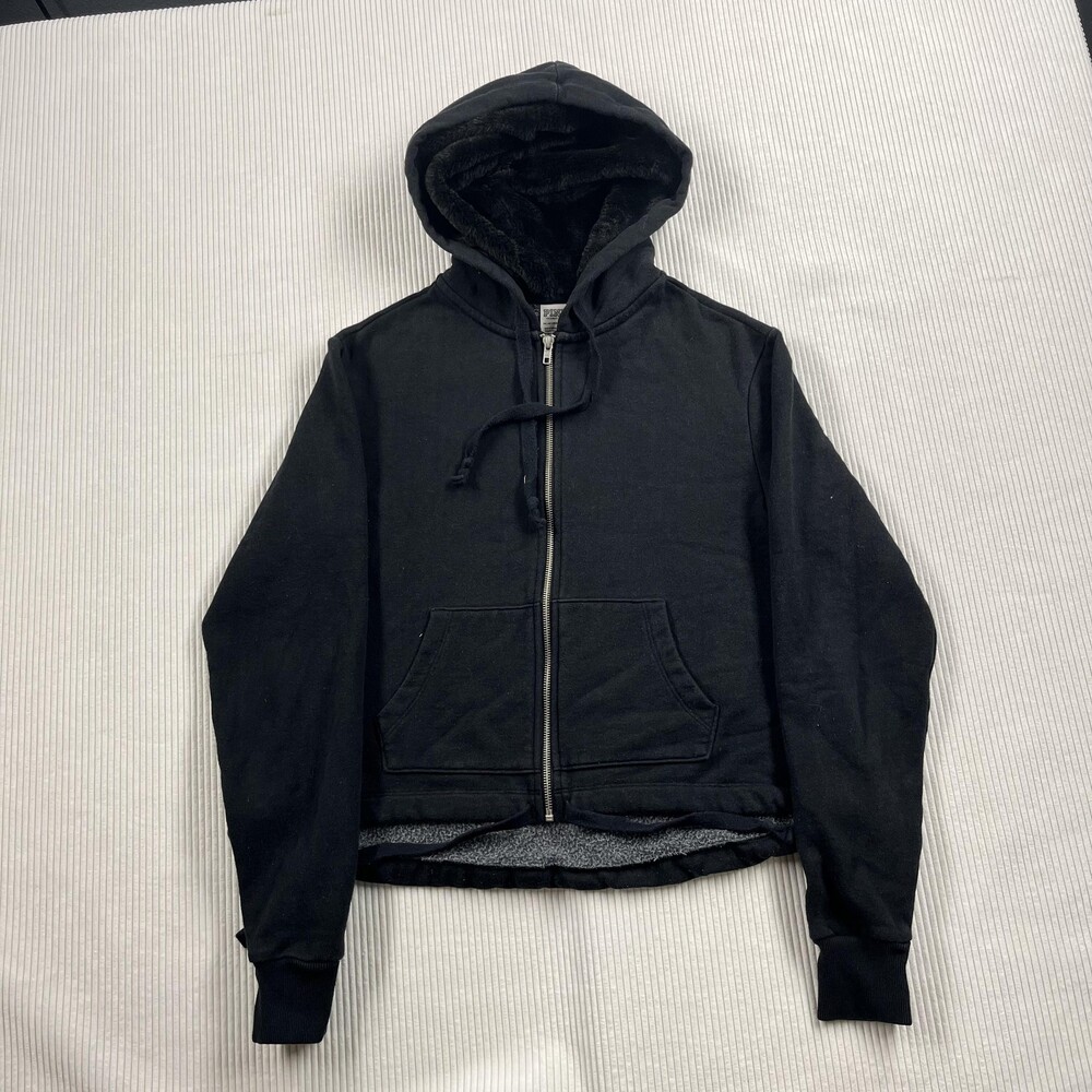 Victoria's Secret PINK Hoodie Womens XS Black Full Zip Fleece Faux Fur Lined
